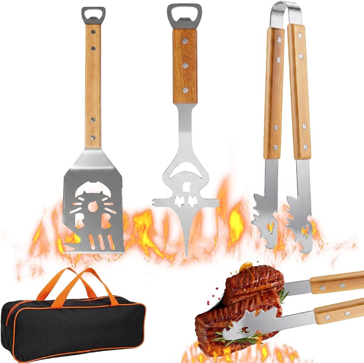 Barbecuebestekset - Houtkleurig - 38 cm - Roestvrijstalen Grillgereedschap met Houten Handgrepen - Voor Barbecueliefhebbers