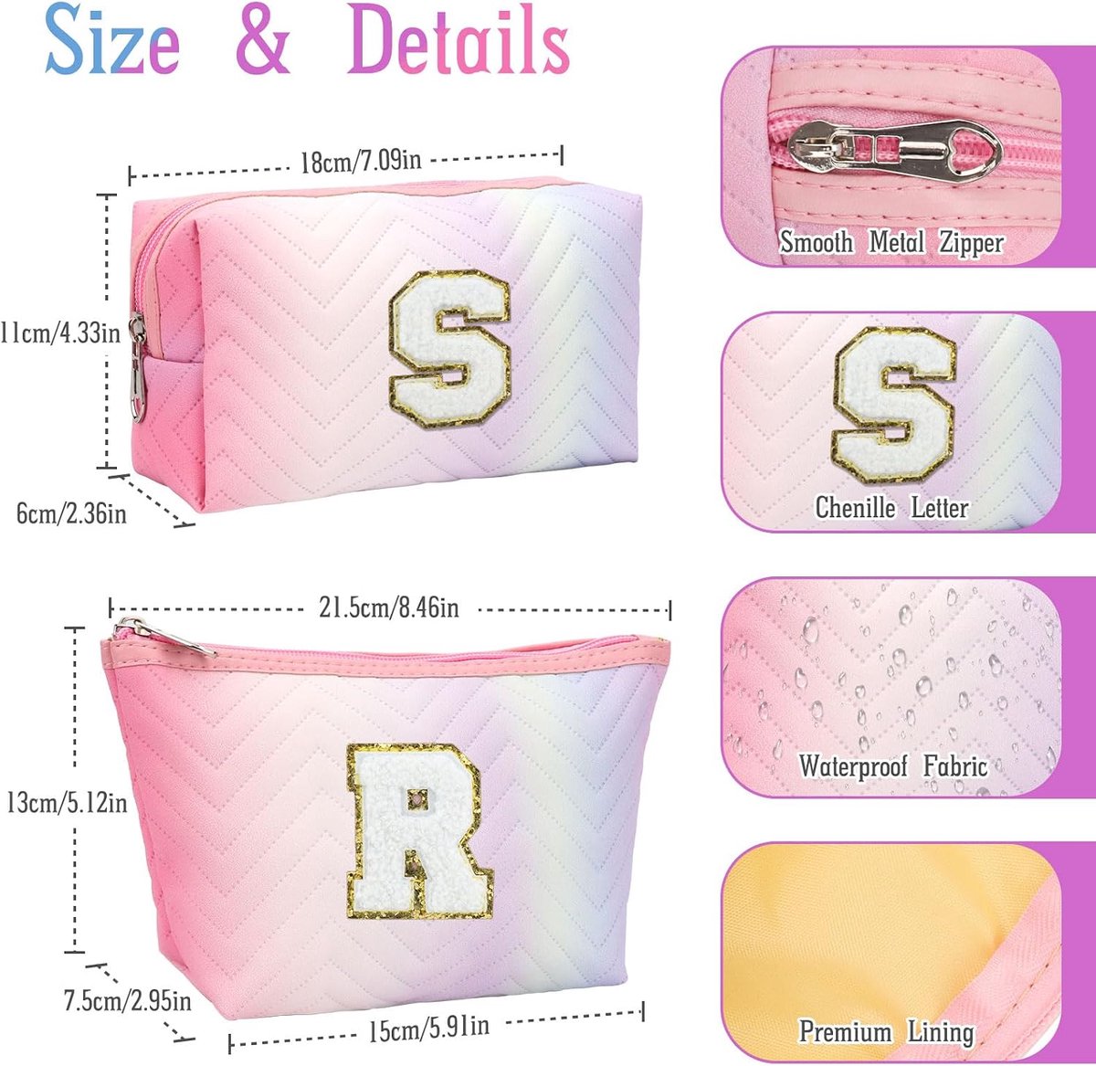 2 Pcs Personalized Makeup Bag Women Makeup Bag with Initials, Birthday Gifts for Women, Waterproof Toiletries - ShopVlot