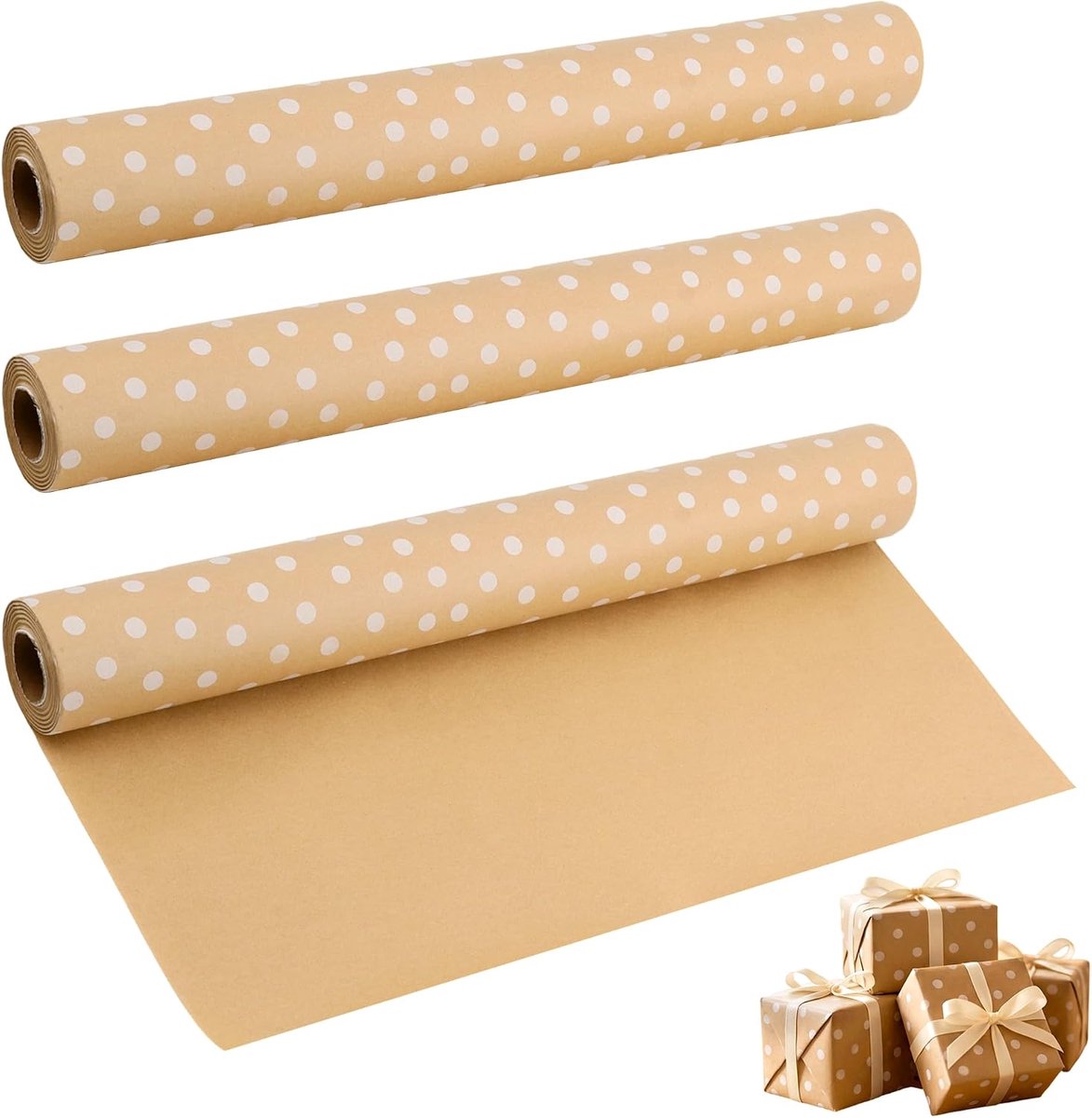 FUNSUEI 3 rollen cadeaupapier, 43 cm x 15 m kraftpapier met stippen, bruin cadeaupapier voor verjaardag, Kerstmis en - ShopVlot