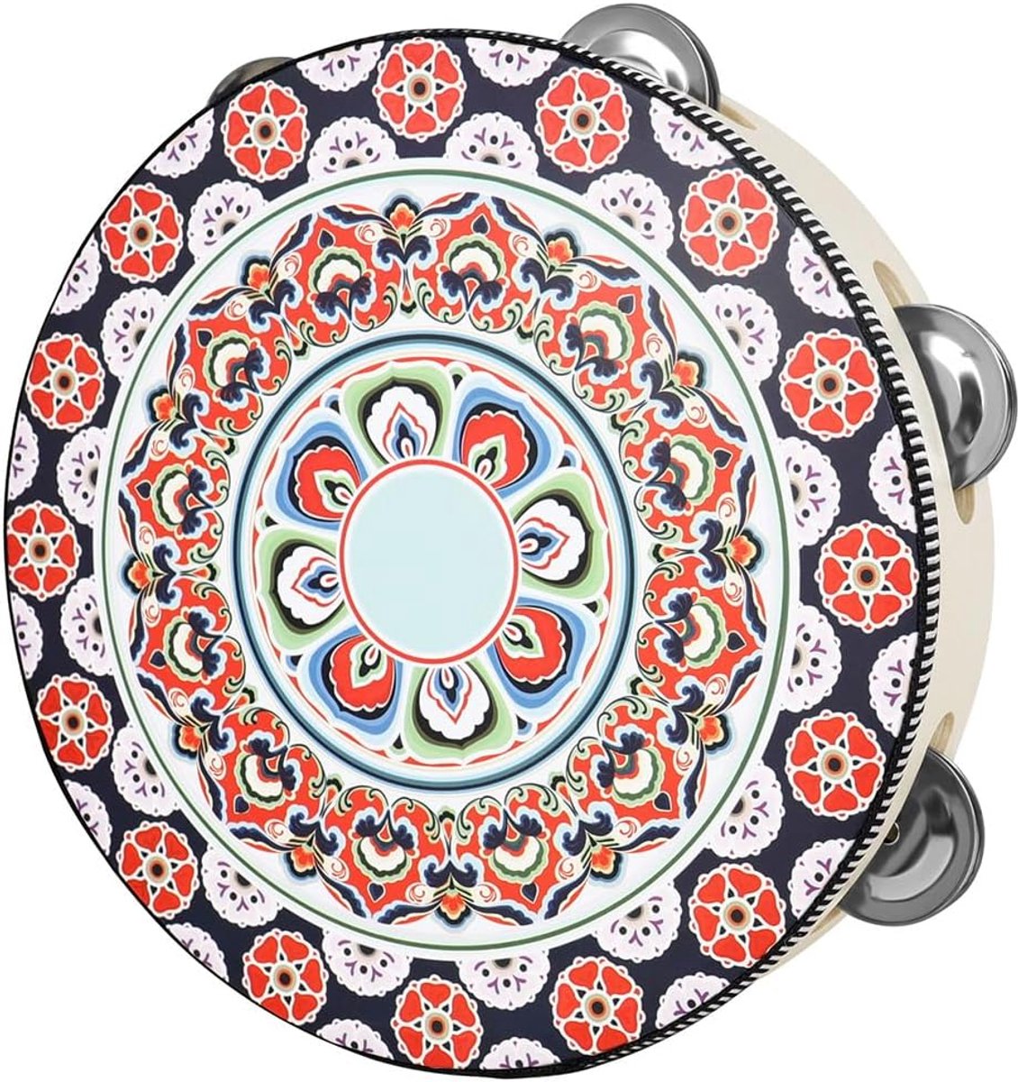 20 cm wooden tambourine hand drum with metal bells, red - ShopVlot