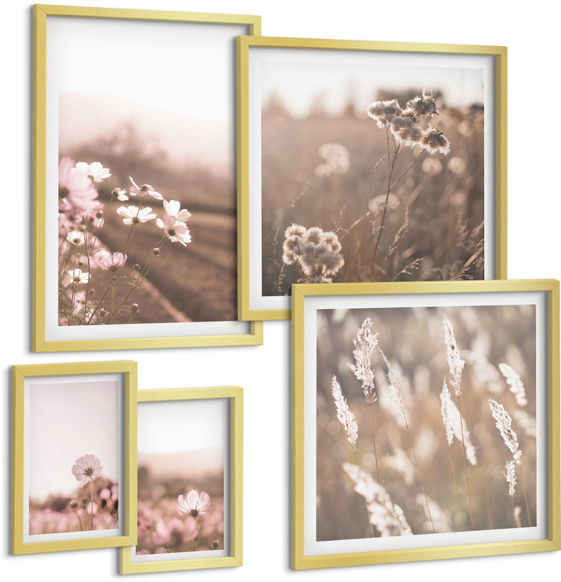 TULUP 5-Delige Schilderij Set - Bloemmotieven in delicate natuurlijke tinten - 50 x 50 cm, 20 x 30 cm en 40 x 60 cm - Wanddecoratie - Schilderijen Set - Interieur - Stijlvolle Muurdecoratie Gouden lijst