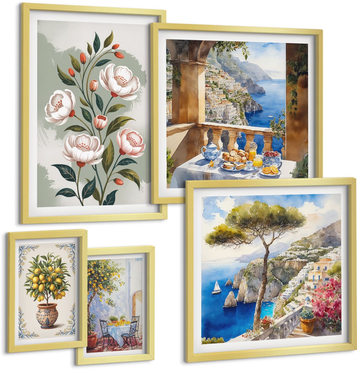 TULUP 5-Delige Schilderij Set - Bloemmotieven en pittoreske landschappen - 50 x 50 cm, 20 x 30 cm en 40 x 60 cm - Decoratieve Schilderijen - Woonkamer - Interieur - Woonkamer Decoratie Gouden lijst