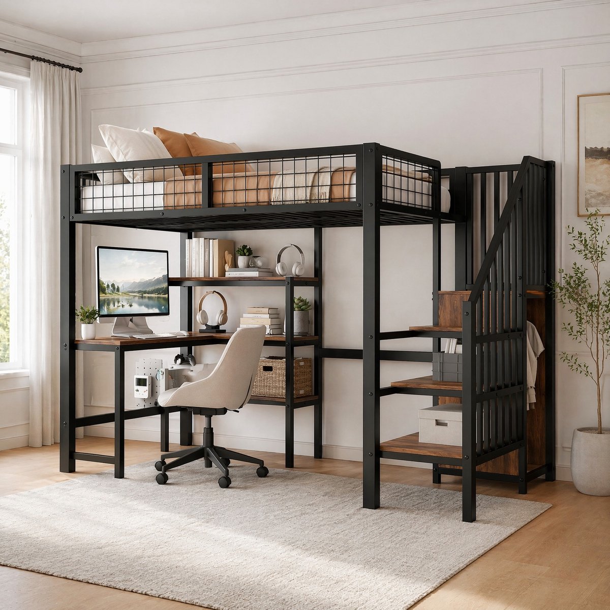 MEUNIQ Hoogslaper 90 x 200 cm met bureau, planken en ingebouwde kledingkast, metalen frame en MDF, zwart en bruin Wit