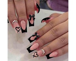 Ceboic 24pcs Square Press on Nails Medium Long 3D Bow Black French Fake Nails Elegant Fake Nails with Heart and - ShopVlot