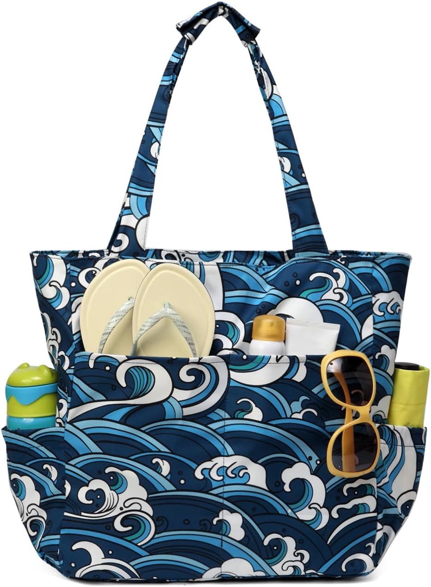 Beach Tote Bags for Women, Kasgo Waterproof Sandproof Large Pool Bag Stylish Zipper Beach Tote for Gym Travel Shopping - ShopVlot