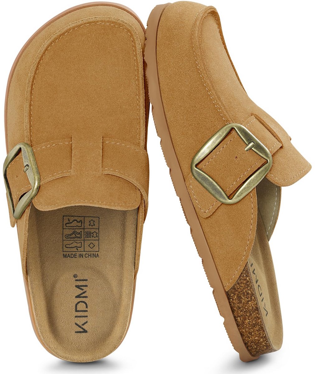 Homaxy - Unisex Clogs – Koe suède – Houten clogs - Comfort slippers – Met Voetboogsteun – Kastanje - 37- Geschikt voor een voetlengte van 23,5 cm