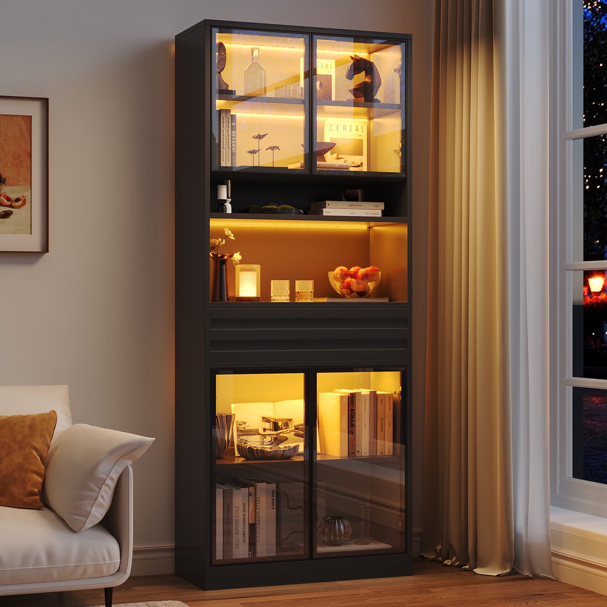 MIVRAY Vitrinekast - Hoge Kast Met 4 Glazen Deuren En Led Verlichting - Voor Woonkamer En Bureau - MDF - 80 X 35 X 200 Cm - Zwart