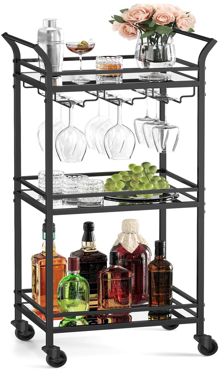 Famanu – Serveerwagen met 3 niveaus, rolwagen met wielen en handgrepen, spiegelende glazen planken, voor kleine ruimtes, keuken, eetkamer en bar, zwart
