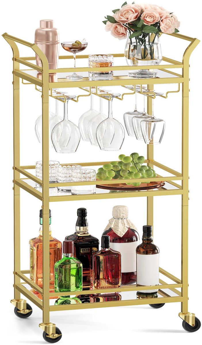 Famanu – Serveerwagen met 3 niveaus, rolwagen met wielen en handgrepen, spiegelende glazen planken, voor kleine ruimtes, keuken, eetkamer en bar, goudkleurig