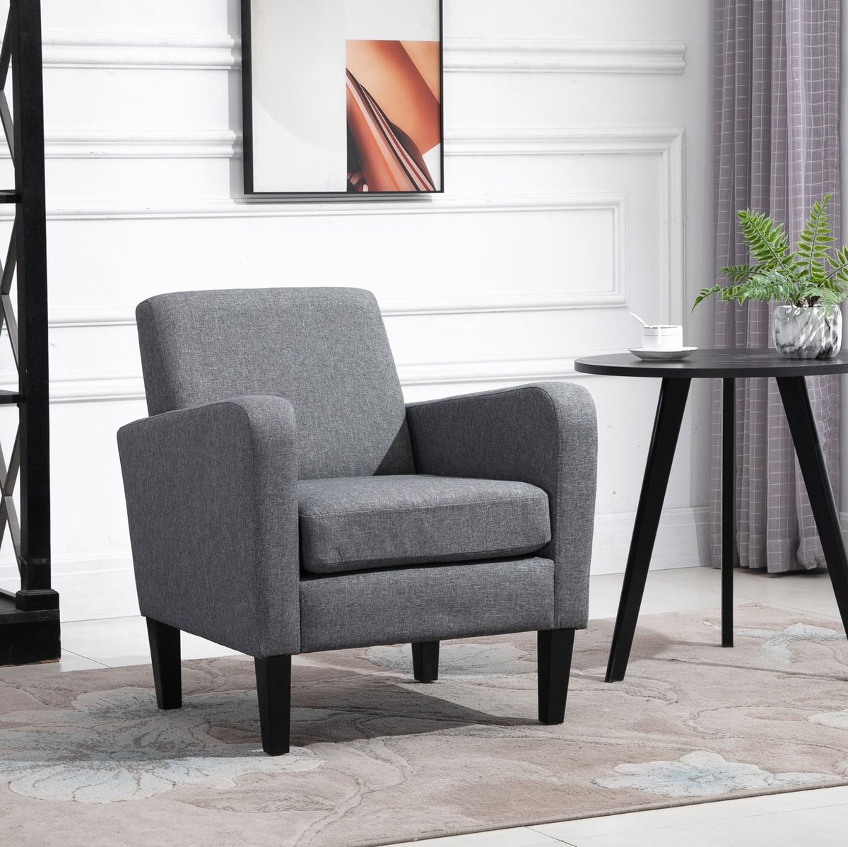 DESMIU Fauteuil 66 x 72 x 74 cm - Gewatteerde Relaxstoel Met Armleuningen - Voor Woonkamer En Leeshoek - Stof En Hout - Lichtgrijs