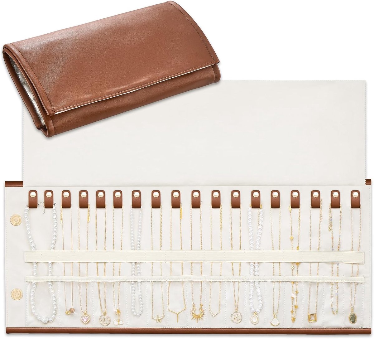 Lolalet Necklace Organiser, Jewellery Roll, Tangle-Free Necklace Case, Foldable Leather Roller Bag for Storing - ShopVlot