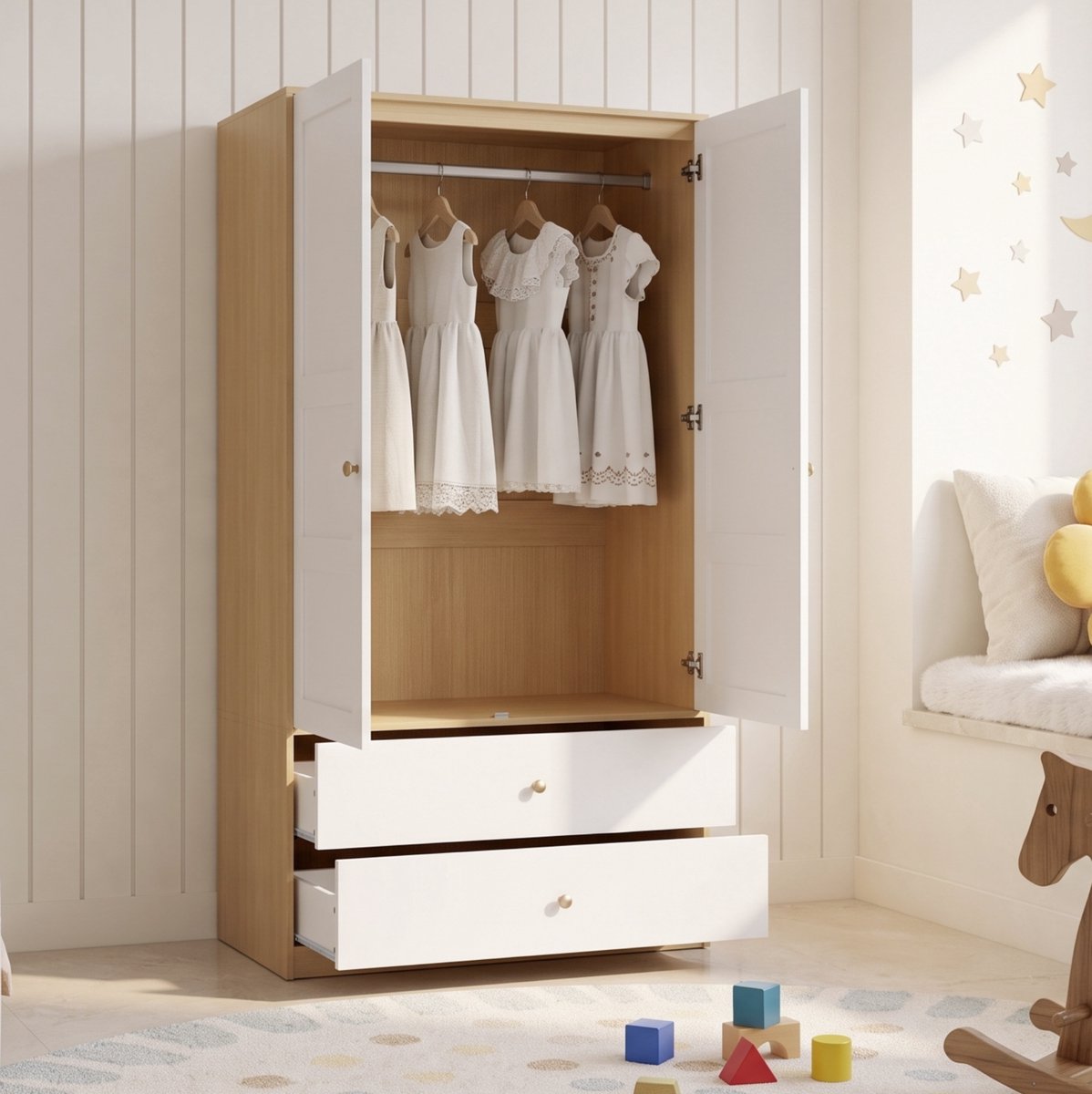 MIVRAY Kledingkast - Dubbele Deuren Met 2 Lades En Hanggedeelte - Voor Slaapkamer En Werkkamer - MDF - Wit En Houtlook - 100 x 48 x 180 Cm Naturel+wit