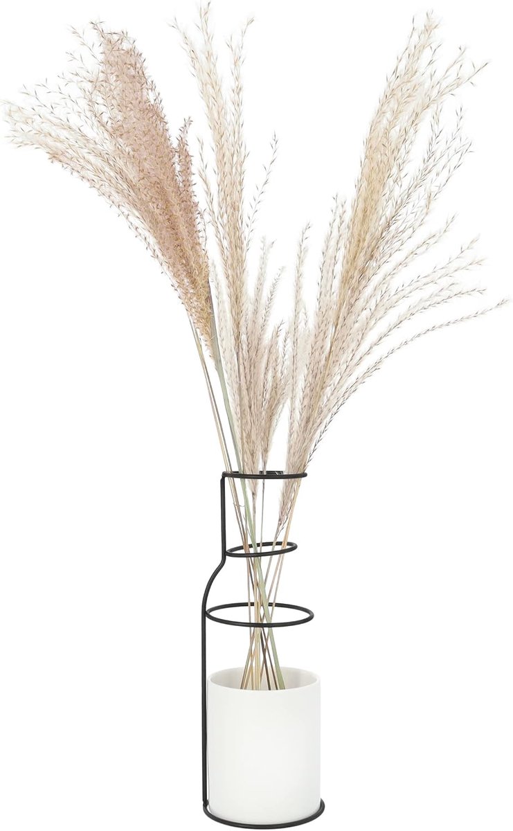 QUVIO Vase - Ceramic - With metal frame - Vase - Vases - Decoration - Flower vase - 8 x 8 x 24 cm (lxwxh) - White - ShopVlot
