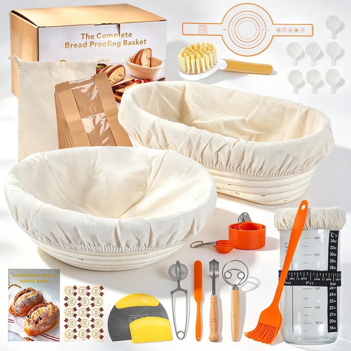 Zuurdeeg starterset, 16-delig, gistmandenset 25 cm ovaal en 23 cm rond, broodbakset met startglas, deegschraper - ShopVlot