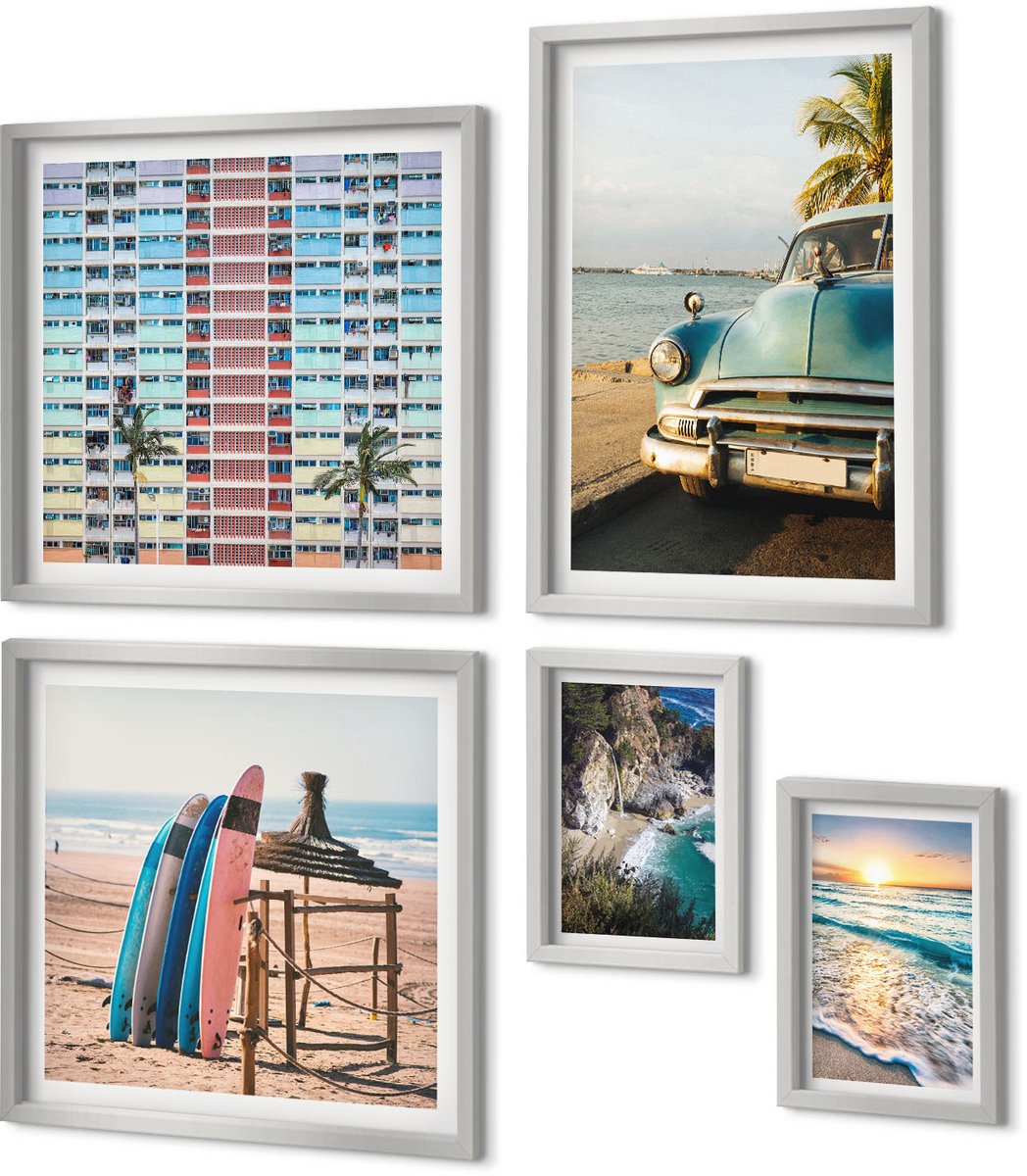 Coloray 5-Delige Schilderij Set - Vakantie In Miami Met Uitzicht Op De Zonsondergang En Zee - 20 x 30 cm - Schilderijen Set - Wanddecoratie - Woonkamer - Moderne Wanddecoratie