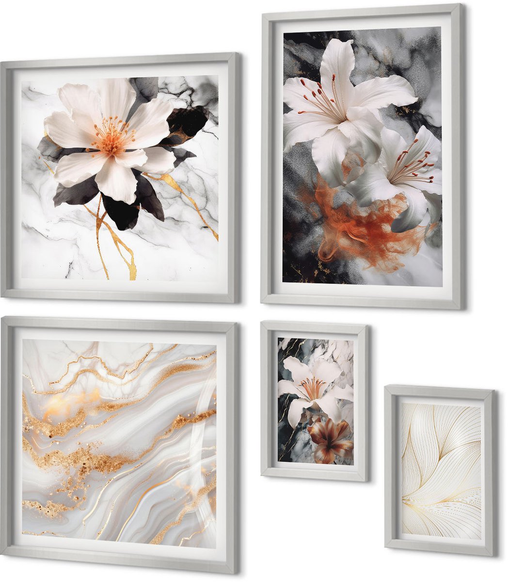 Coloray 5-Delige Schilderij Set - Bloemen Op Een Marmeren Achtergrond In Wit- En Zwarttinten. - 20 x 30 cm - Muurdecoratie - Interieur Decoratie - Stijlvolle Muurdecoratie