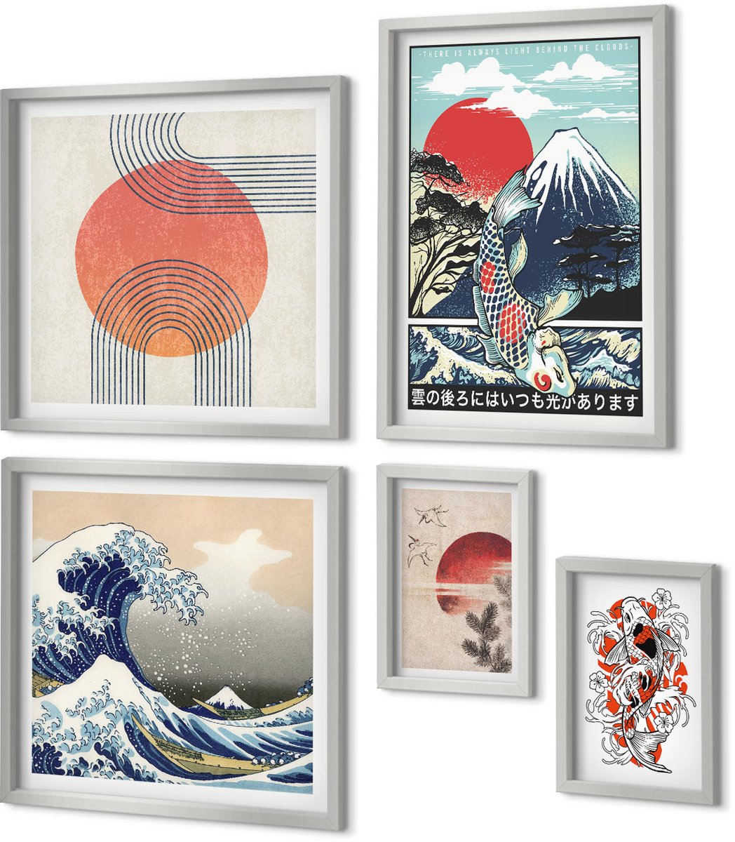 Coloray 5-Delige Schilderij Set - Illustraties Van De Visbergen En De Grote Golf Voor De Kust Van Kanagawa In Japanse Stijl. - 20 x 30 cm - Decoratieve Muurdecoratie - Slaapkamer