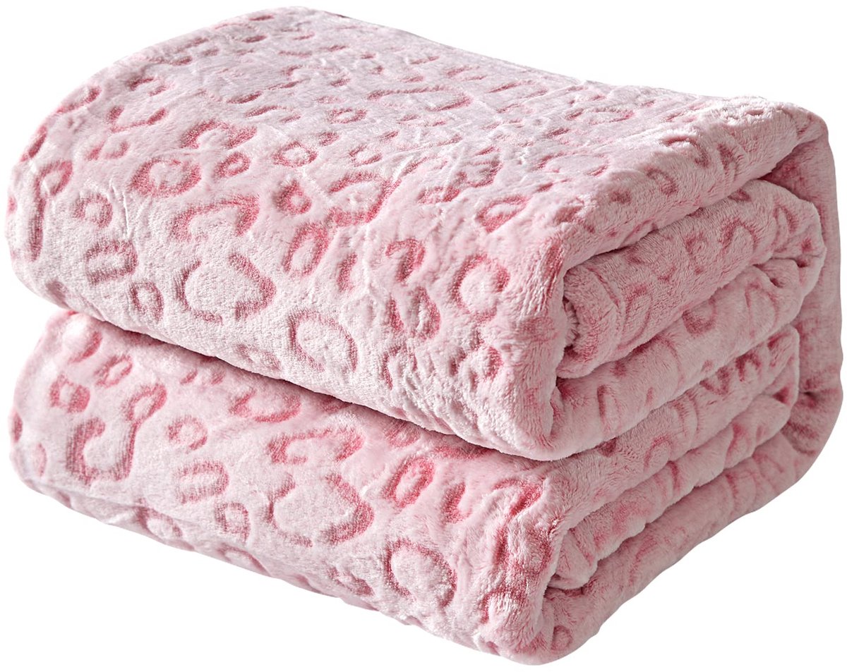 Famanu Flanellen fleece deken met luipaardprint, superzacht en lichtgewicht, 130 x 150 cm, perfect voor op de bank, roze