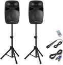 Zwarte Vonyx speakers op statieven, met microfoon, afstandsbediening en kabels.