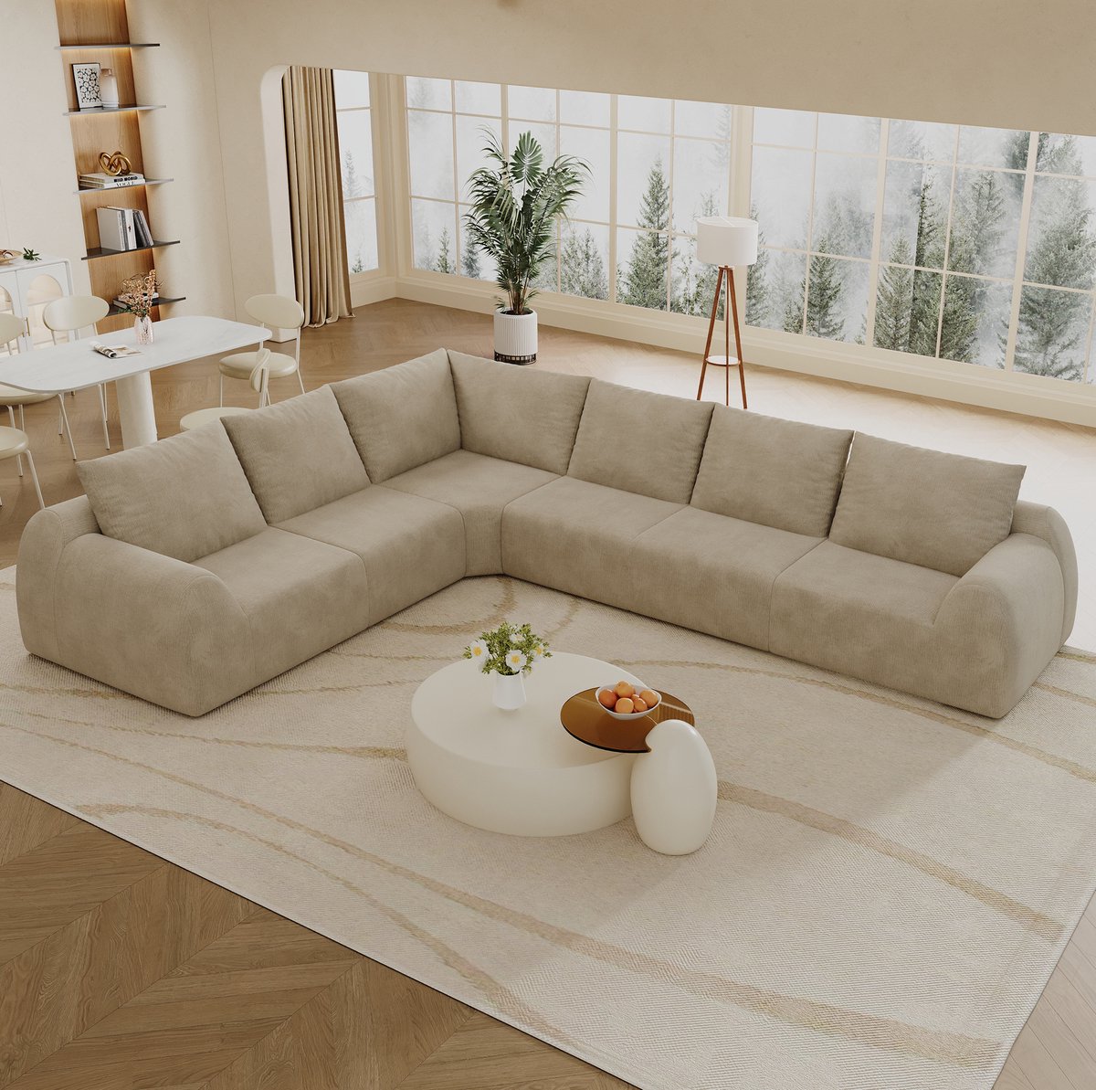 OKWISH Hoekbank 334 cm – 6-Zits L-Vormige Bank Zonder Montage – Voor Woonkamer, Slaapkamer En Appartement – Chenille Stof – Khaki