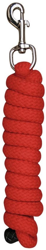 Rood touwhalster met zilverkleurige karabijnhaak.