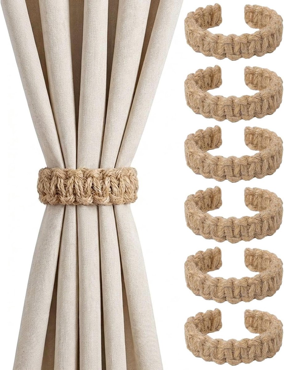 6 stuks Geflochten gordijnhouder van jute koord C-vorm zonder boren Natuurlijke kleuren Rustiek gordijnhouder voor - ShopVlot