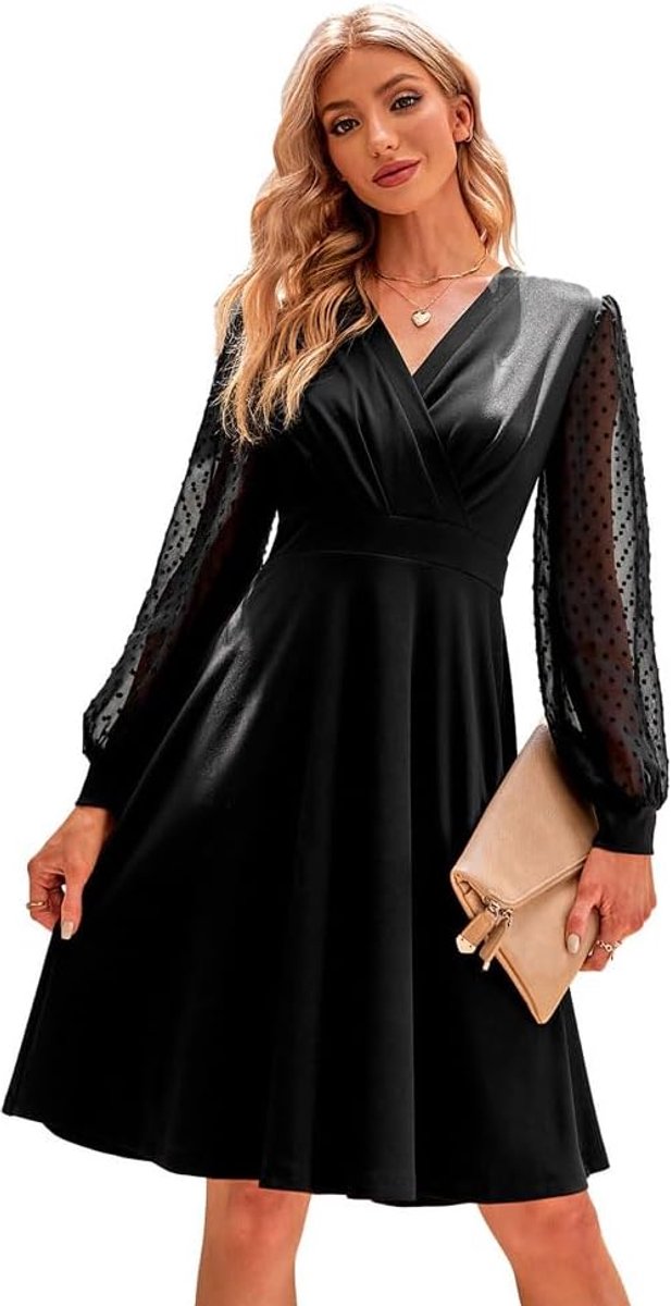 Vrouwen Sexy Mesh Lange Mouw V-Hals Wikkeljurk - Elegante Cocktailjurk - Casual Skaterjurk - Perfect voor Avonden - ShopVlot