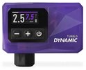 Paarse mini-fietspomp Dynamic Turblo met digitaal scherm dat 2.5 PSI en 7.5 BAR aangeeft.