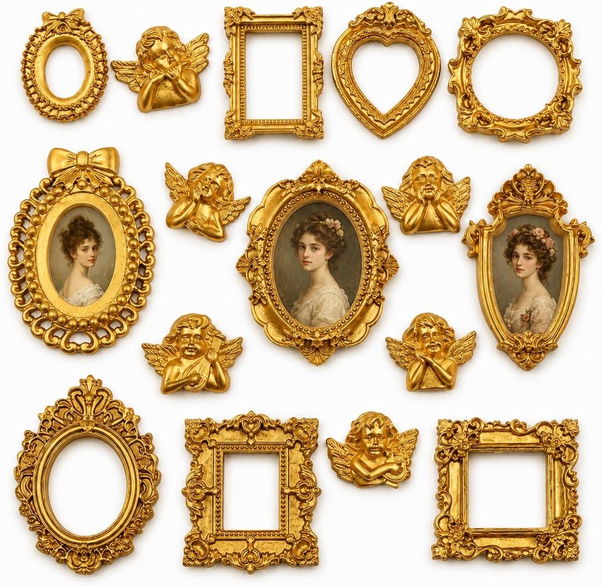 mini fotolijsten vintage barokstijl - 10 stuks goud - 6 engelornamenten - ideaal voor decoratie - ShopVlot