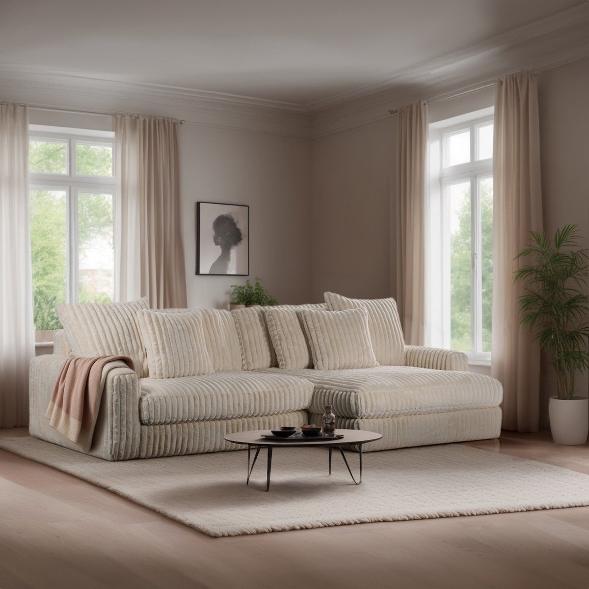 Bank 3-Zits - Ribstof Beige - 274x155x77cm - Giga Meubel