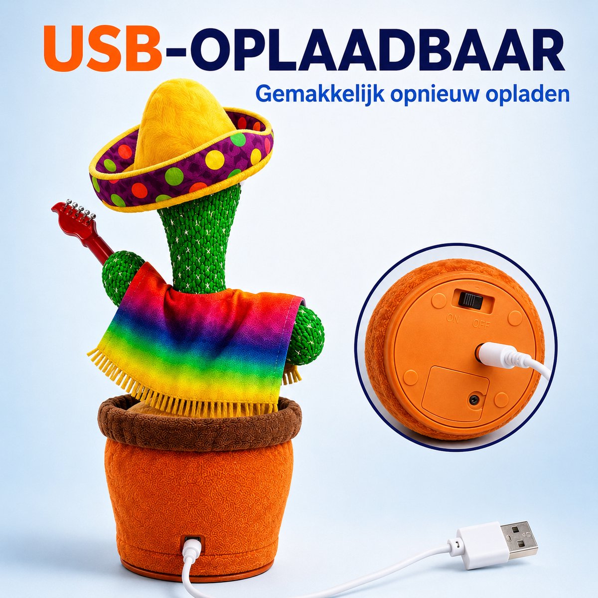 Movela® Dansende Cactus Mexicaan - Talking Cactus 32CM - Oplaadbaar - Pratende Cactus - Interactieve knuffel - Zingende cactus - Met Volumeknop - USB opladen - Baby speelgoed - Inclusief Outfit en Gitaar - 120 Tiktok Liedjes — afbeelding 4