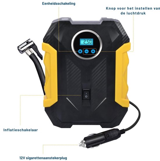 QUOVO® Autobanden Pomp - Elektrische Fietspomp - Compressor Bandenpomp - Luchtcompressor Met LCD Scherm - Geel/Zwart - 26cm x 10cm x 20cm — afbeelding 3