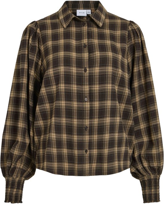 Blouse à carreaux marron avec col, fermeture boutonnée, manches bouffantes et poignets élastiques.