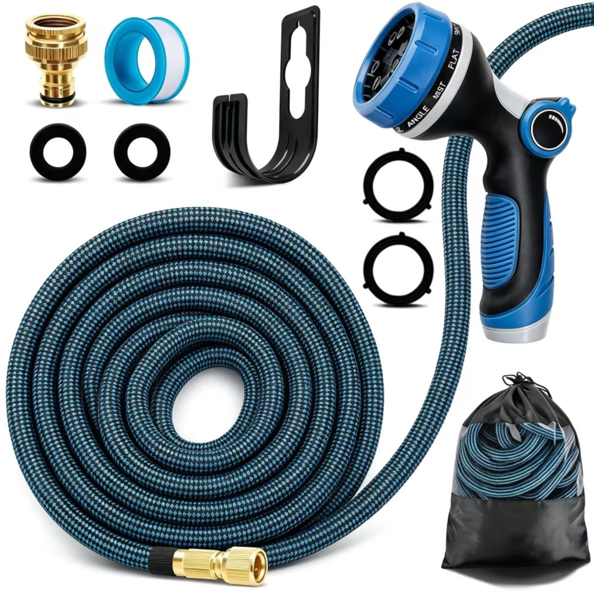 Namajunas Flexibele Tuinslang 15 m – Uitrekbare Waterslang met 10-standen Tuinsproeier, 3-laagse Latex Slang, Slanghouder, Opbergtas & Koppelstuk, Voor Tuin, Balkon, Terras en Auto