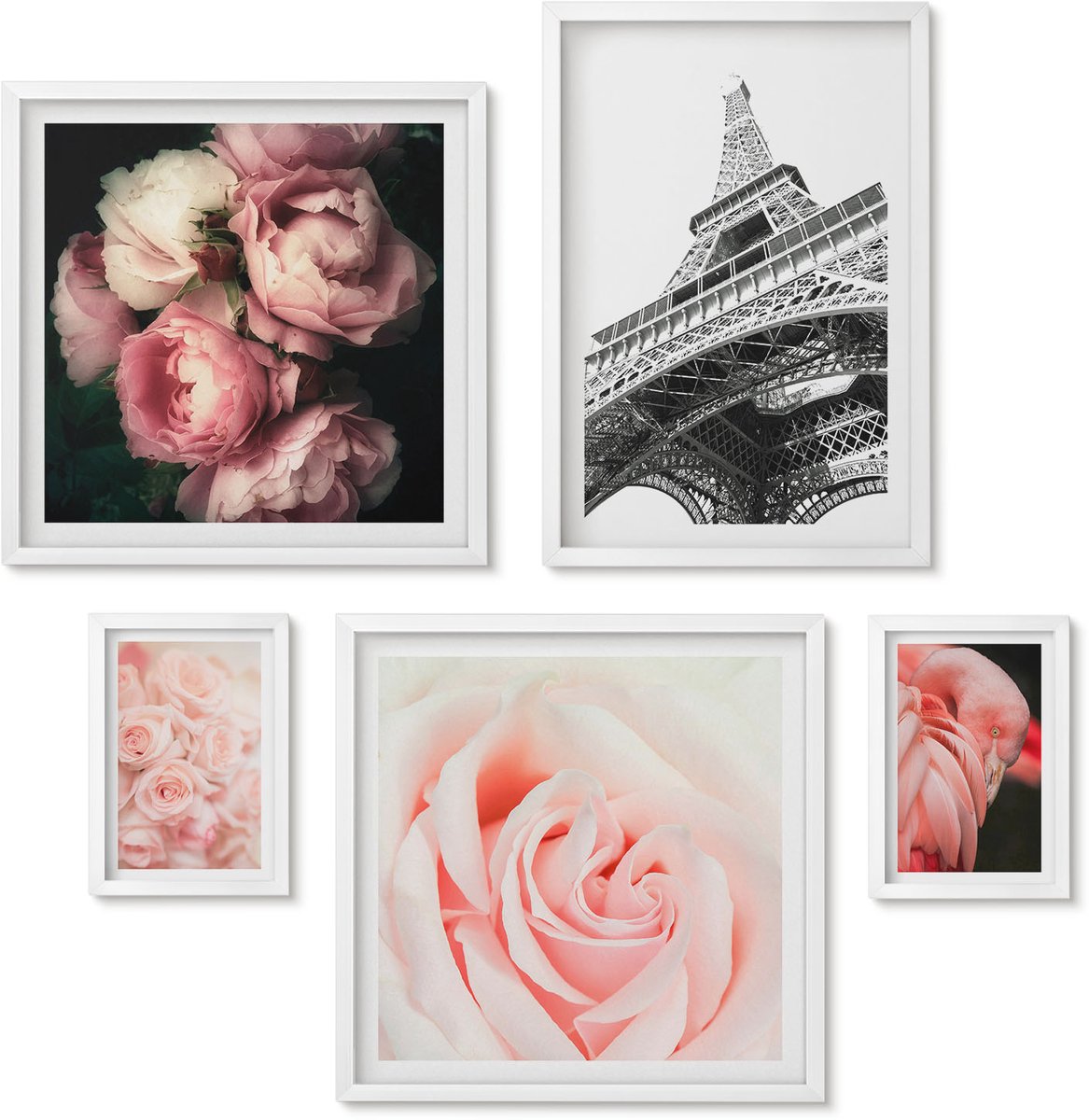Wallfluent 5-Delige Schilderij Set - Roze Rozen En De Eiffeltoren In Een Romantische Stijl - 50 x 50 cm, 20 x 30 cm En 40 x 60 cm - Muurdecoratie - Wanddecoratie - Slaapkamer - Stijlvolle Muurdecoratie
