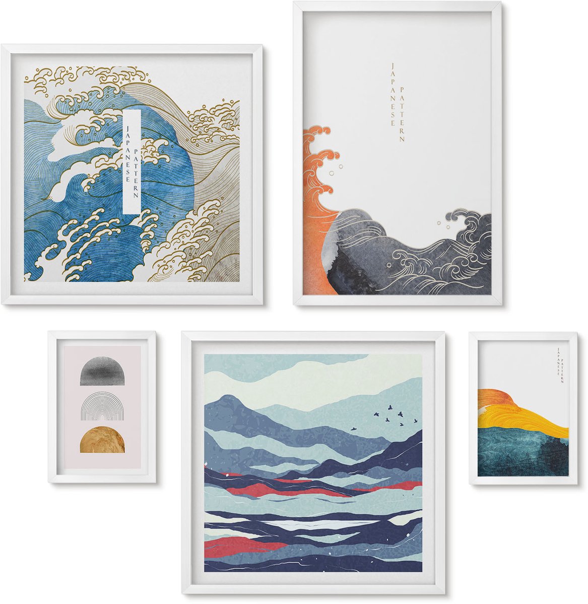 Wallfluent 5-Delige Schilderij Set - Abstracte Decoratieve Patronen Met Golven En Bergen In Japanse Stijl - 50 x 50 cm, 20 x 30 cm En 40 x 60 cm - Stijlvolle Muurdecoratie - Slaapkamer