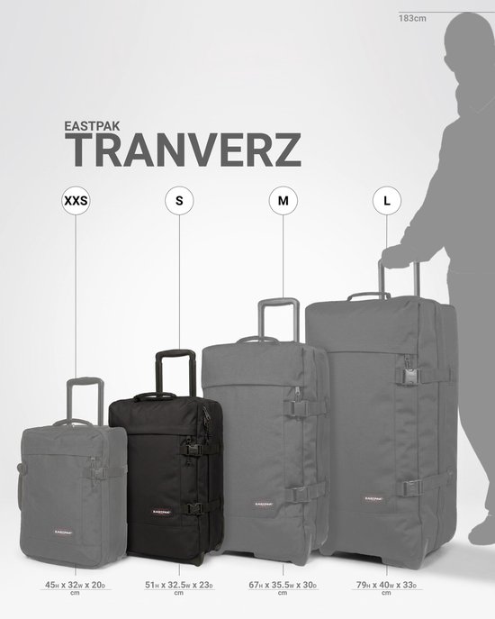 Eastpak Tranverz koffer in maat S, 51 cm hoog, blauw, met wieltjes en handvat.