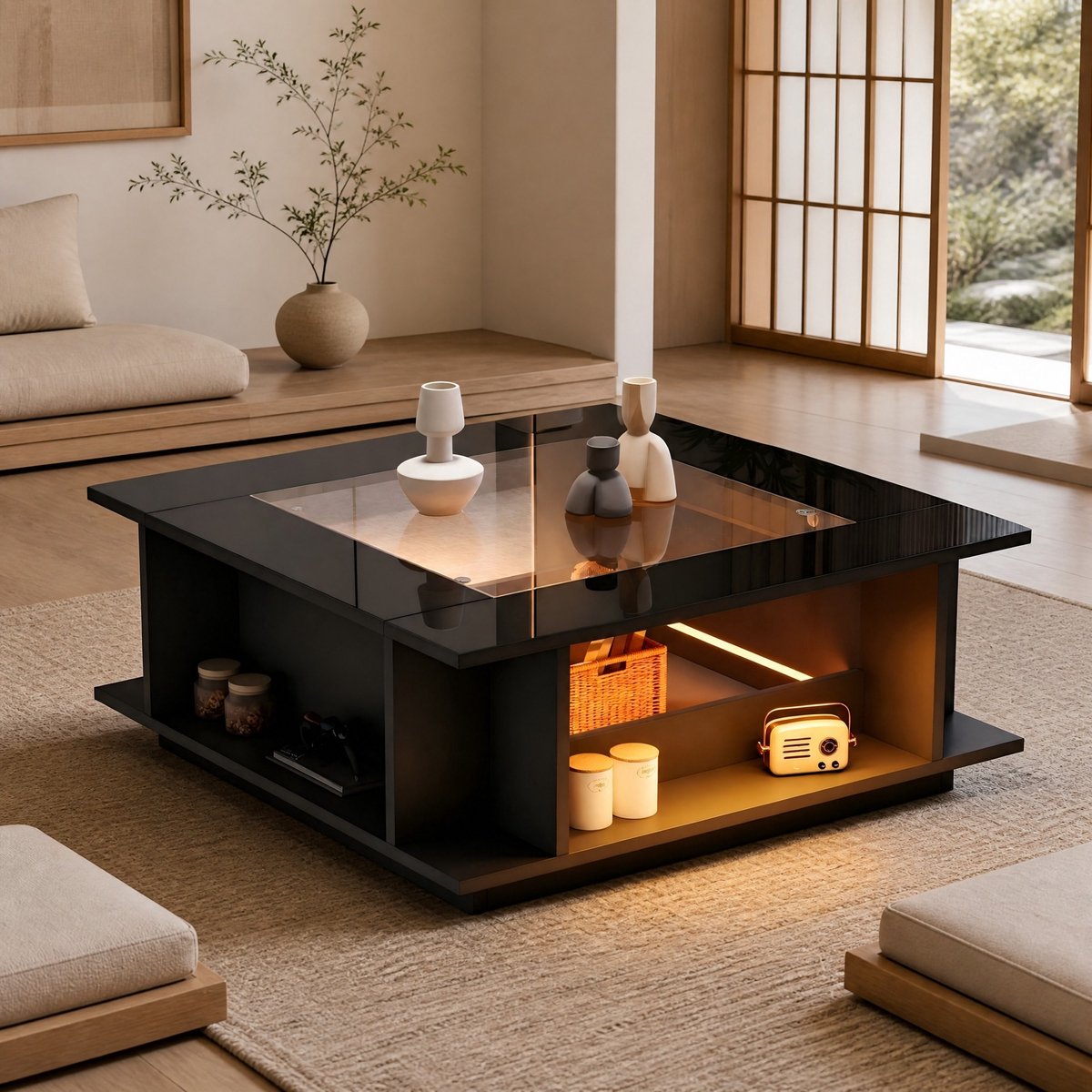 MODENUIT Salontafel - Vierkant Met Glasplaat En LED Verlichting - Woonkamer - Spaanplaat - Zwart - 70x70x30 Cm