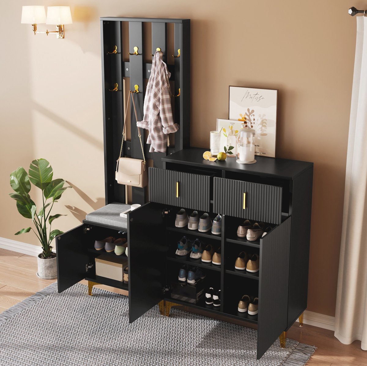 HAUSS SPOLE Schoenenkast Met Garderobe En Zitkussen - Moderne Halmeubelset Met Gouden Haken - Zwart Spaanplaat - 83x101 Cm