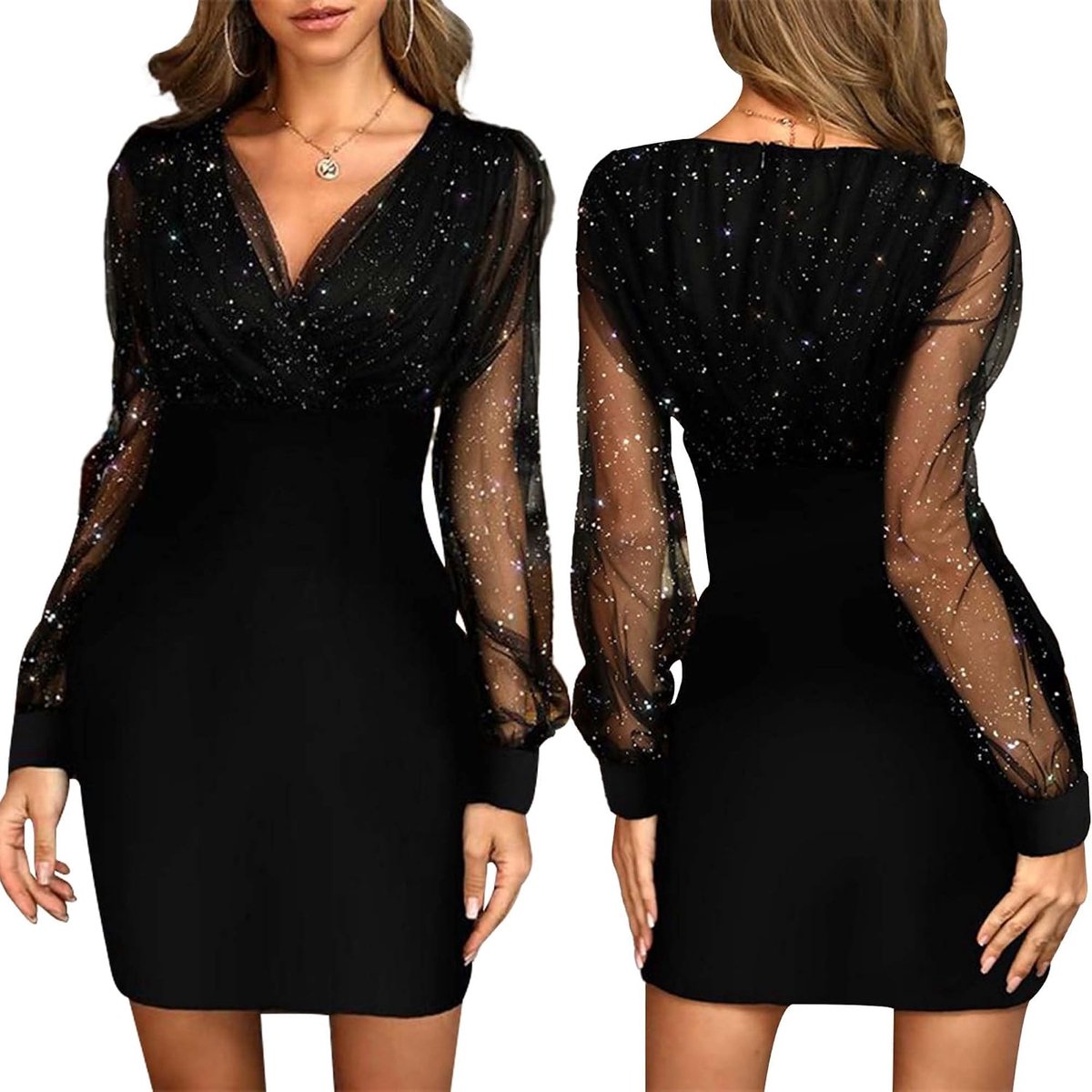 Women's Sequins V-Neck Mesh Long Sleeve Sexy Slim Dress Retro Festive Mini Dress Sexy New Year's Eve Bodycon Party - ShopVlot