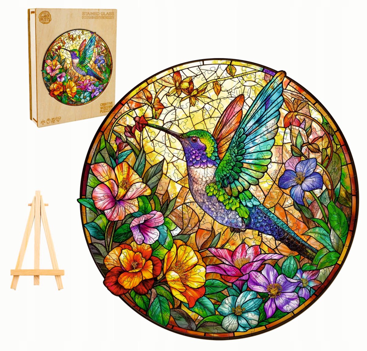 Houten Puzzel 300 Stukjes Hummingbird - Witraż in Houten Kist