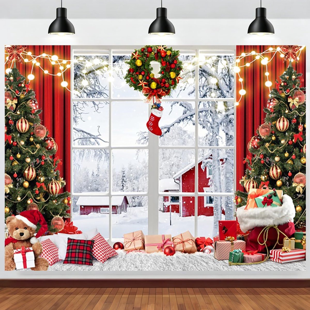 Kerstfotografie achtergrond, 25 x 20 cm, winter besneeuwde raamscène kerstboom geschenken beer rood gordijn - ShopVlot