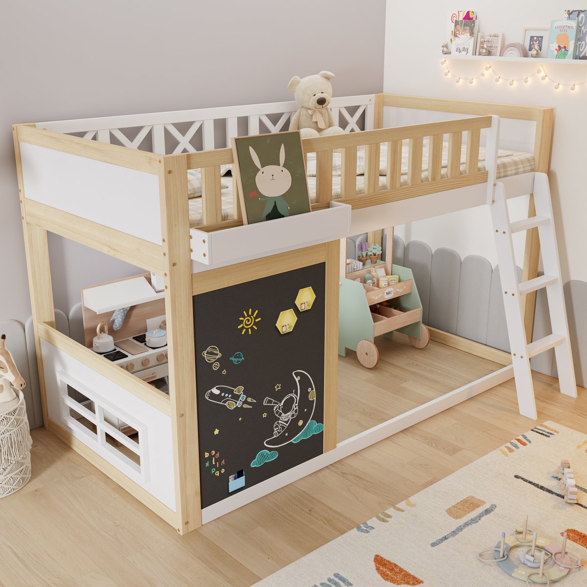 Hoogslaper - 90 x 200 cm - 1-persoons - met opbergruimte - met ladder - Wit en Naturel
