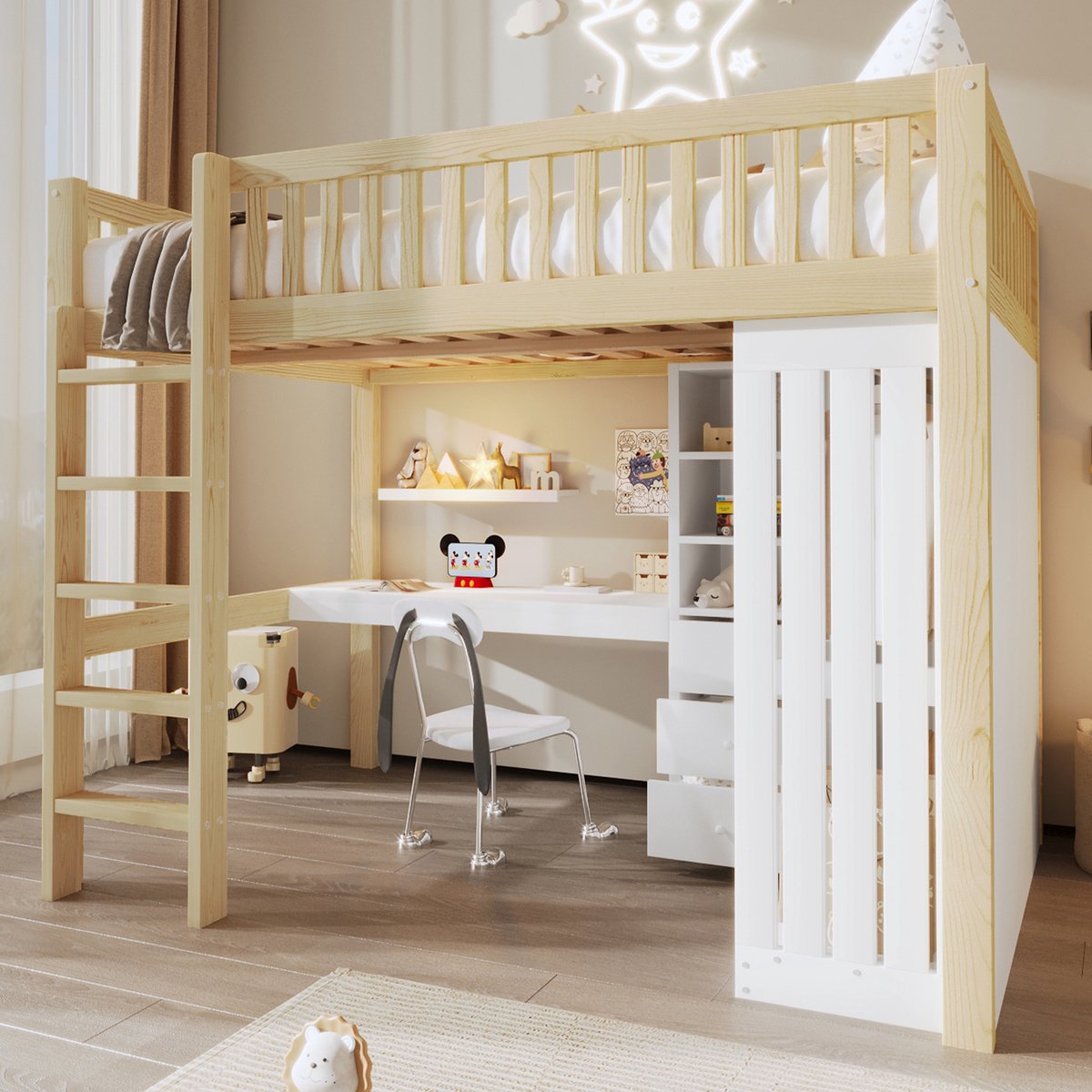 Hoogslaper - 140 x 200 cm - 2-persoons - met bureau - met kledingkast - met opbergruimte - met trap - Naturel