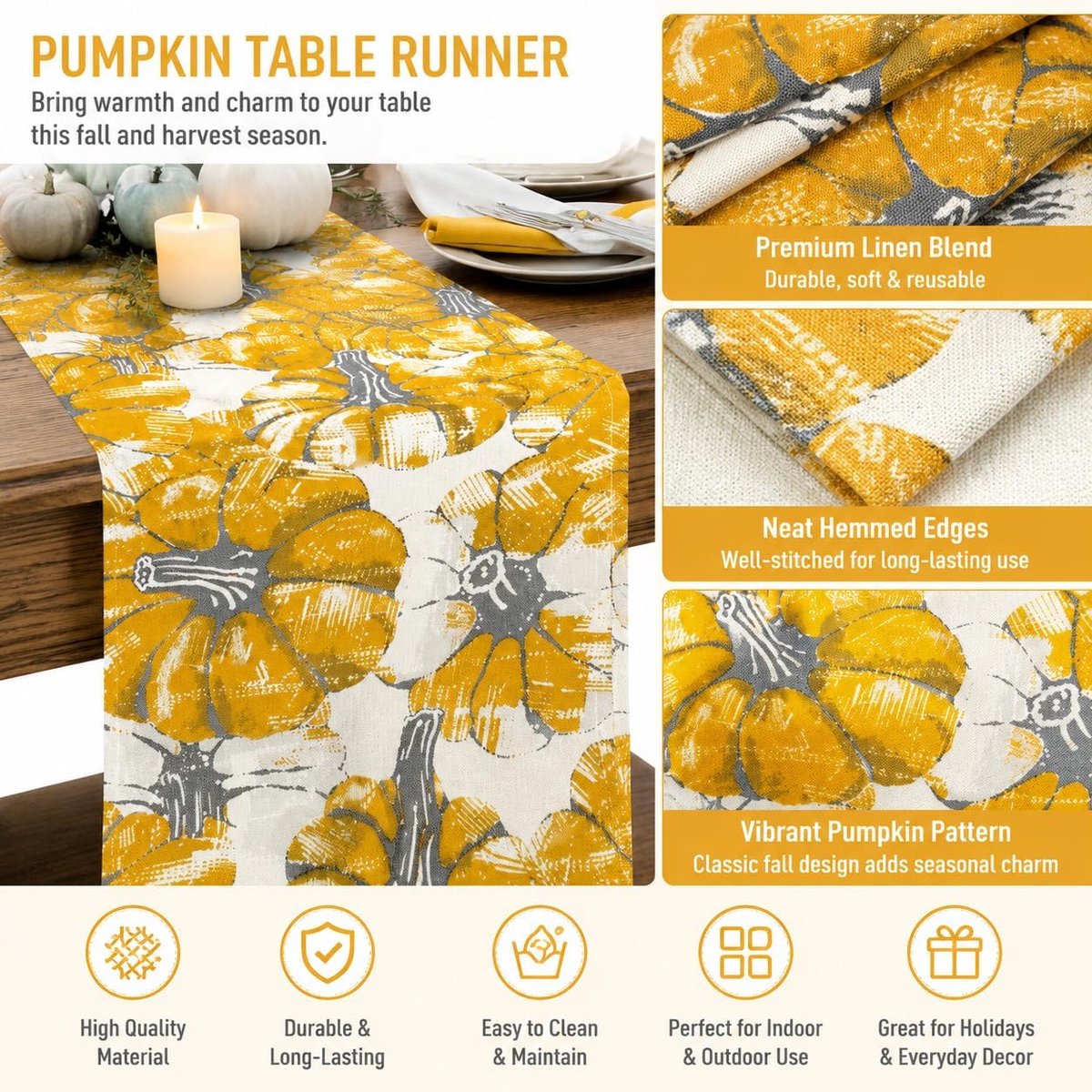 Tafelloper linnen 33x183cm handgeschilderde pompoen olieverf penseelstreek kunst herfst eettafel decoratie moderne - ShopVlot