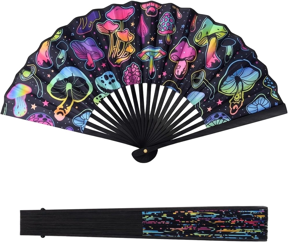 Folding Fan with Mushroom Print, Portable Hand Fan for Rave, Dance Events, Disco and Festivals, Large Folding Fan for - ShopVlot