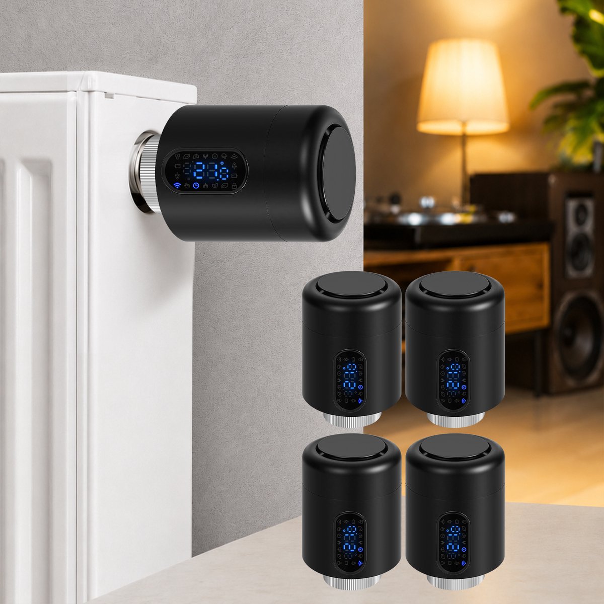 WiFi Radiatorthermostaat met App-bediening en 7 Ventieladapters – Zwart – 4-pack