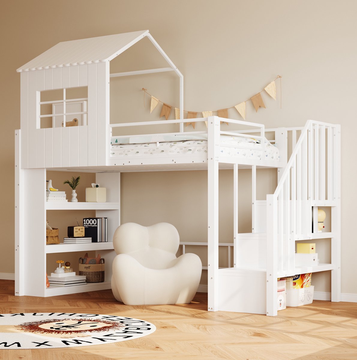MEUNIQ Hoogslaper 90 x 200 cm huisdesign met trap en opbergruimte, bed voor kinderkamer en jeugdruimte, wit White