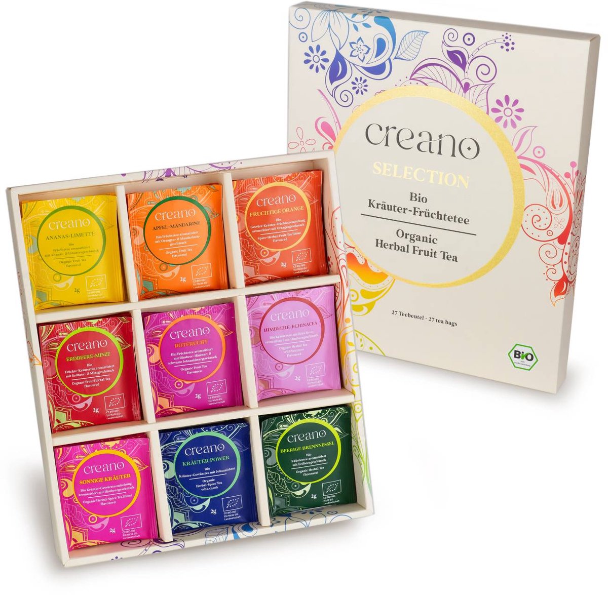 Biologische fruit- en kruidenthee 27-delige cadeauset "ORGANIC HERBAL TEA" - 27 biologische theezakjes in 9 verschillende soorten - 54g