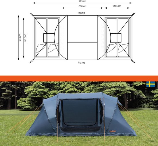 Campout 4-Persoons Vis-à-Vis Koepeltent - 2 Slaapcabines - 5000 mm Waterdicht - Leefruimte - 15 min Opzettijd - Incl. Luifelstokken, Haringen & Draagtas van Campout — afbeelding 4